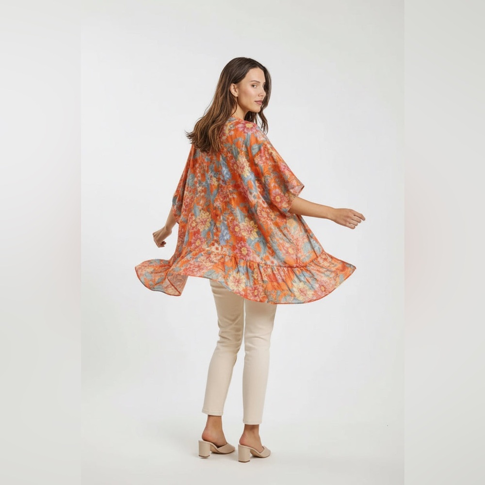 TANGERINE TROPIC BLOOM RUFFLE SLEEVE KIMONO - Picture 6 of 9